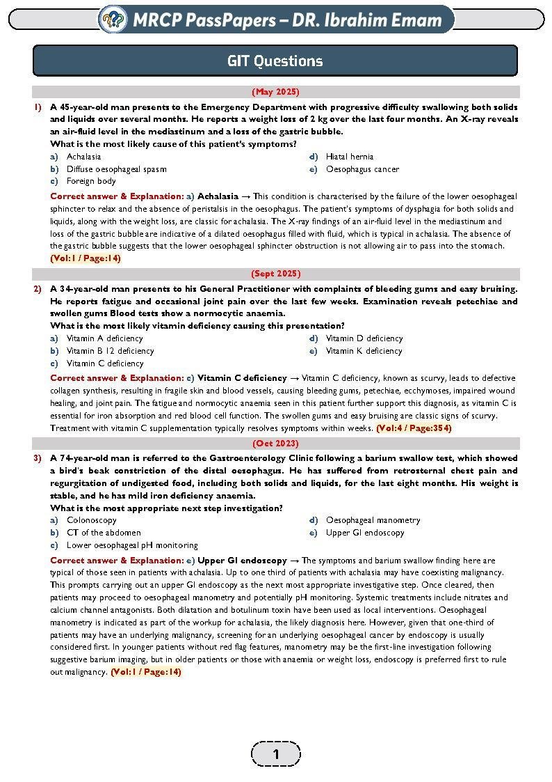 صفحة من كتاب أسئلة MRCP PassPapers للدكتور إبراهيم إمام