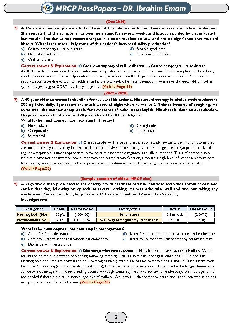 صفحة من كتاب أسئلة MRCP PassPapers للدكتور إبراهيم إمام